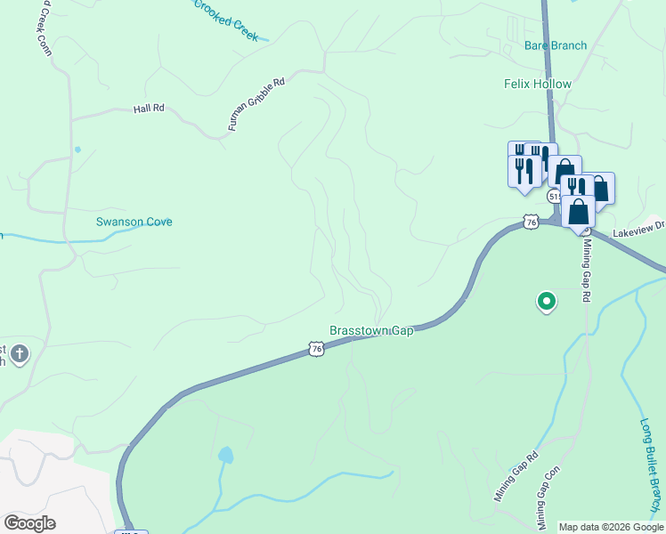 map of restaurants, bars, coffee shops, grocery stores, and more near 4536 Chatuge Heights in Young Harris
