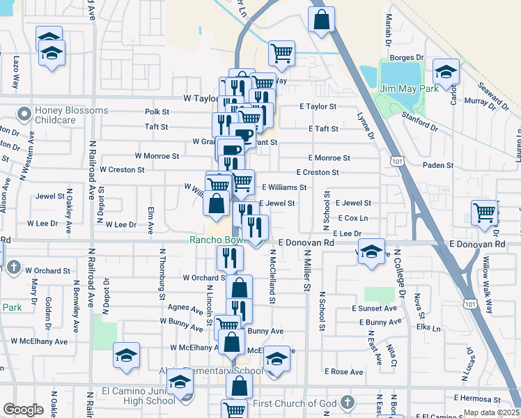map of restaurants, bars, coffee shops, grocery stores, and more near 303 Leopoldo Court in Santa Maria