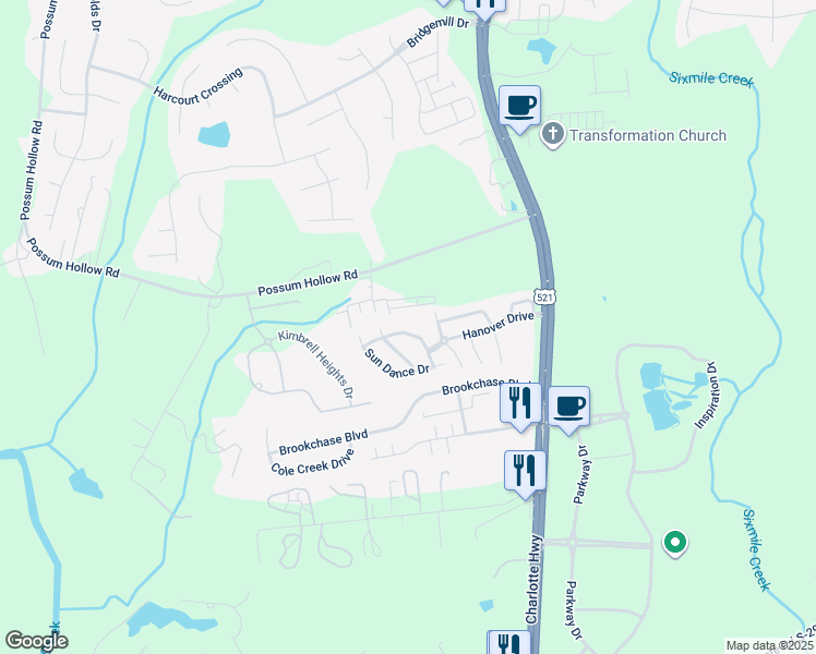 map of restaurants, bars, coffee shops, grocery stores, and more near 6156 Warrior Avenue in Indian Land