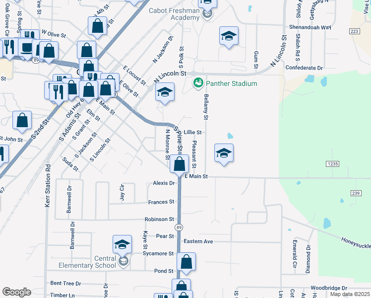map of restaurants, bars, coffee shops, grocery stores, and more near 89 South Pine Street in Cabot