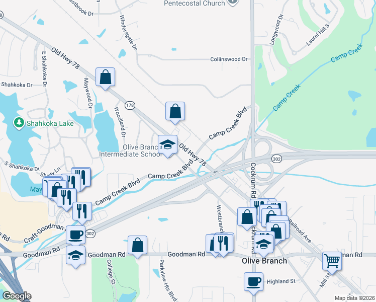 map of restaurants, bars, coffee shops, grocery stores, and more near 8624 Old Highway 78 in Olive Branch