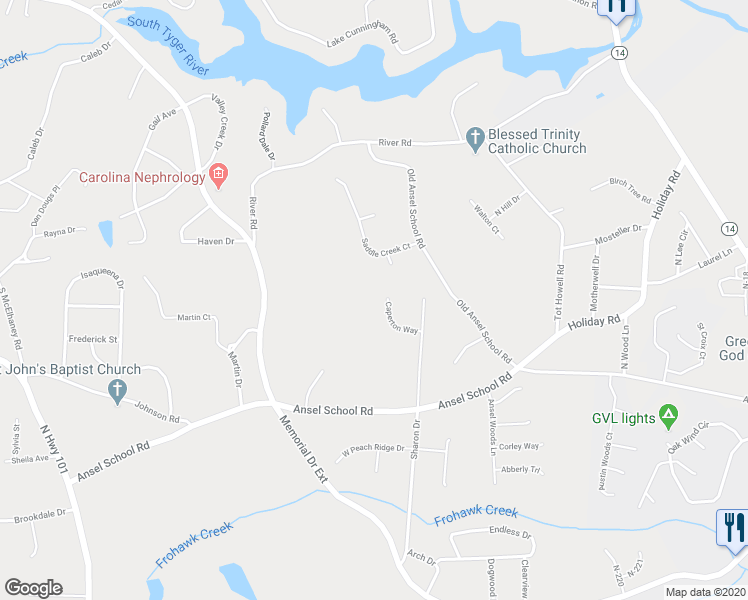 map of restaurants, bars, coffee shops, grocery stores, and more near 27 Caperton Way in Greer