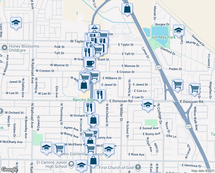 map of restaurants, bars, coffee shops, grocery stores, and more near 303 Leopoldo Court in Santa Maria