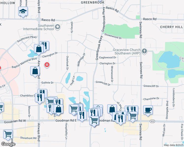 map of restaurants, bars, coffee shops, grocery stores, and more near 7457 Greenbrook Parkway in Southaven