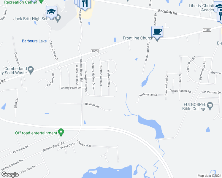 map of restaurants, bars, coffee shops, grocery stores, and more near 4027 Watford Way in Fayetteville
