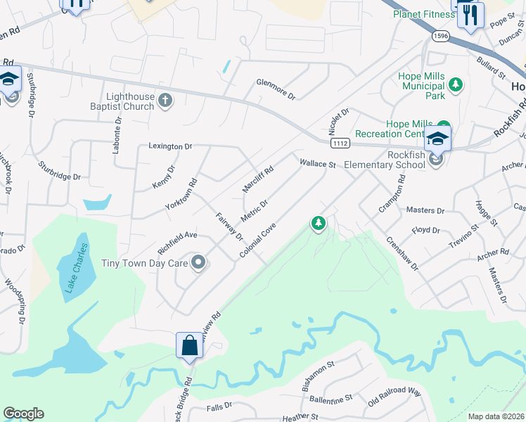 map of restaurants, bars, coffee shops, grocery stores, and more near 3669 Metric Drive in Hope Mills