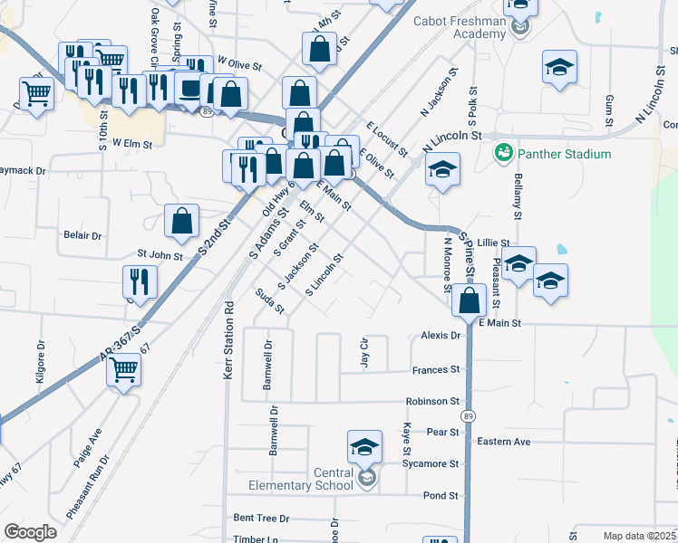 map of restaurants, bars, coffee shops, grocery stores, and more near 503 East Myrtle Street in Cabot