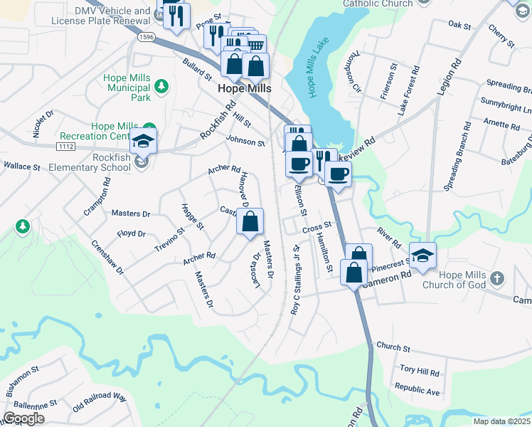 map of restaurants, bars, coffee shops, grocery stores, and more near 5516 Archer Road in Hope Mills