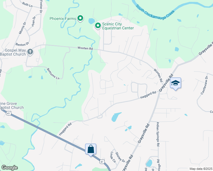 map of restaurants, bars, coffee shops, grocery stores, and more near 601 Sherwood Forest Drive in Ringgold