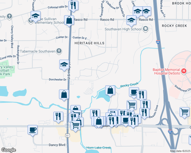 map of restaurants, bars, coffee shops, grocery stores, and more near 1275 Dorchester Drive in Southaven