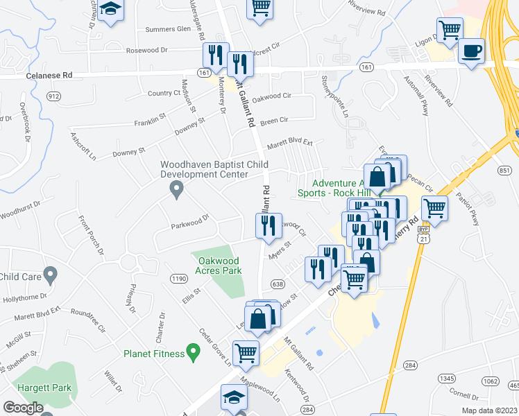 map of restaurants, bars, coffee shops, grocery stores, and more near 1421 Mount Gallant Road in Rock Hill