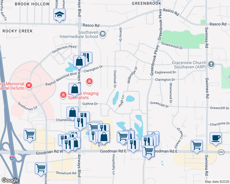 map of restaurants, bars, coffee shops, grocery stores, and more near 7474 Overlook Drive in Southaven
