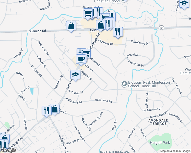 map of restaurants, bars, coffee shops, grocery stores, and more near 1757 Hyatt Avenue in Rock Hill