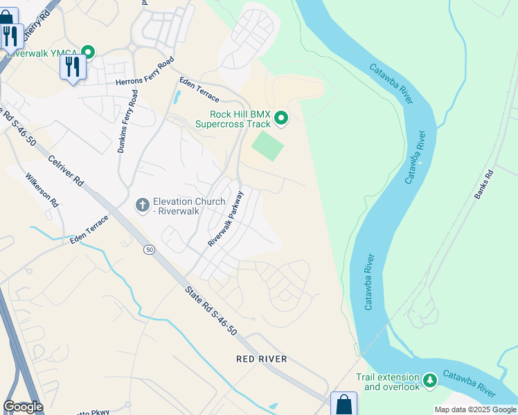 map of restaurants, bars, coffee shops, grocery stores, and more near 446 Luray Way in Rock Hill