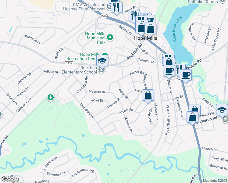 map of restaurants, bars, coffee shops, grocery stores, and more near 3708 Masters Drive in Hope Mills