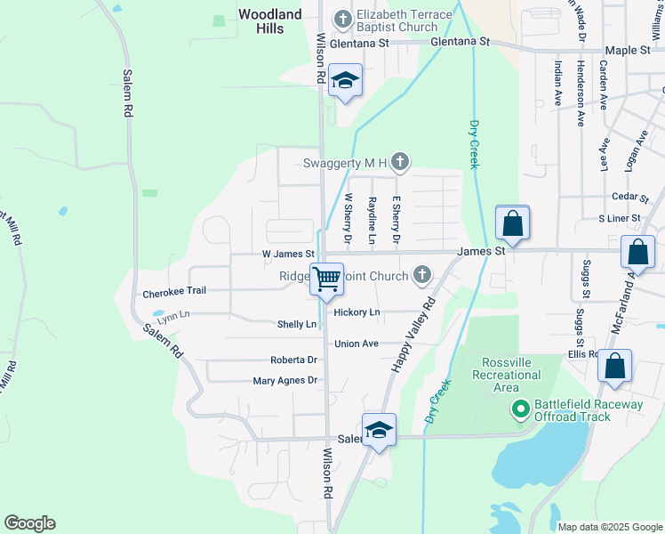 map of restaurants, bars, coffee shops, grocery stores, and more near 1402 Wilson Road in Rossville