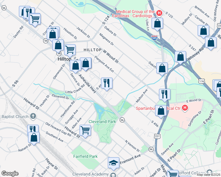 map of restaurants, bars, coffee shops, grocery stores, and more near 420 West Centennial Street in Spartanburg