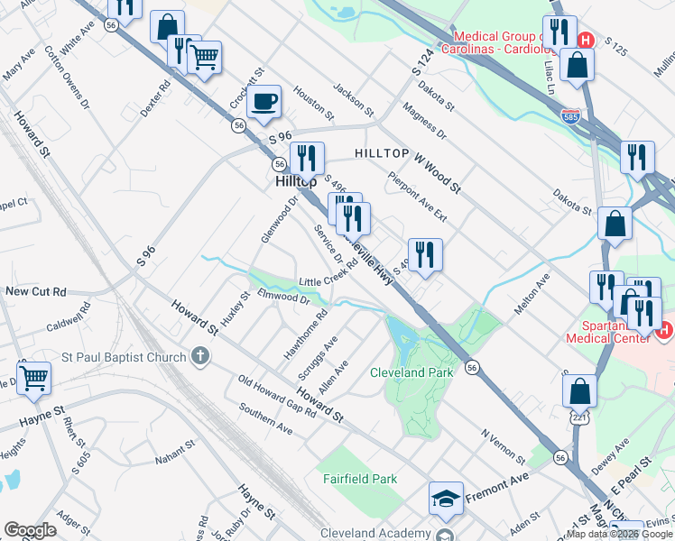 map of restaurants, bars, coffee shops, grocery stores, and more near 457 Hawthorne Road in Spartanburg