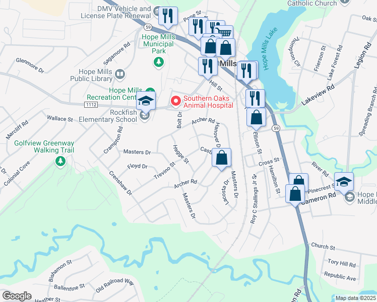 map of restaurants, bars, coffee shops, grocery stores, and more near 5710 Trevino Street in Hope Mills