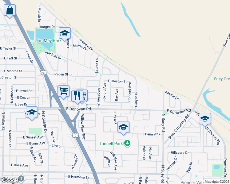 map of restaurants, bars, coffee shops, grocery stores, and more near 1653 Bay Avenue in Santa Maria