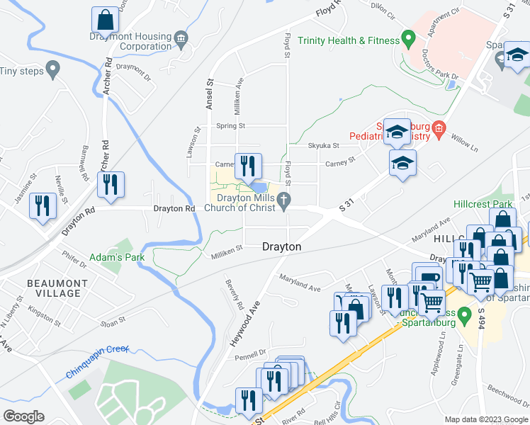 map of restaurants, bars, coffee shops, grocery stores, and more near 1765 Drayton Road in Drayton