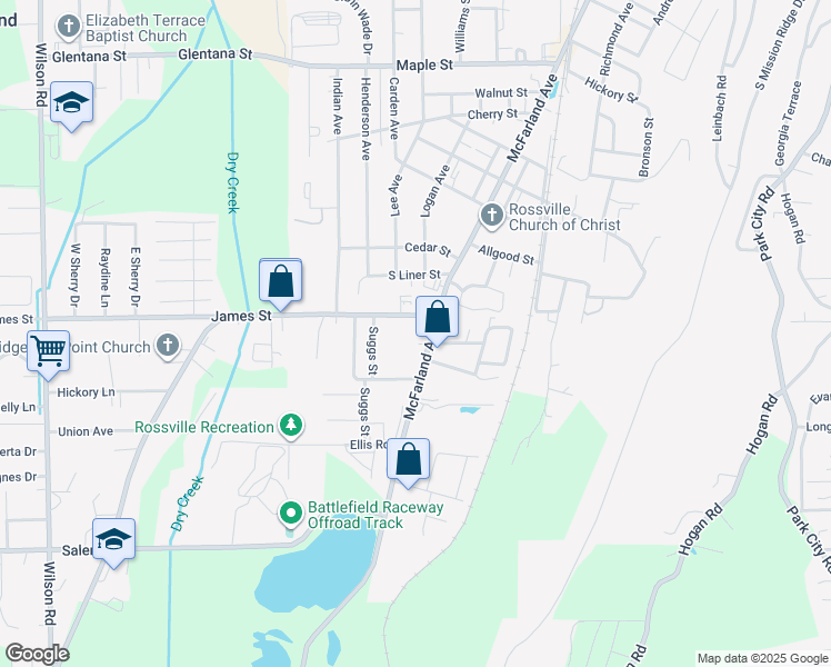 map of restaurants, bars, coffee shops, grocery stores, and more near 1405 McFarland Avenue in Rossville