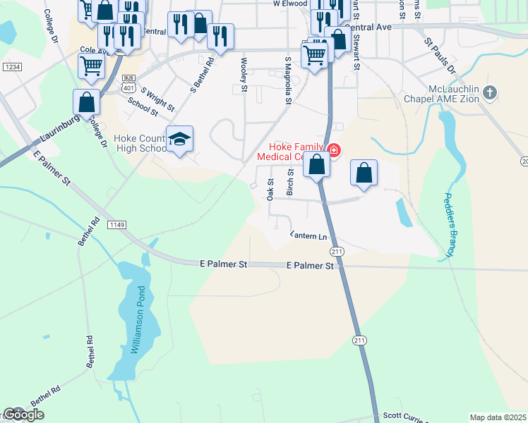 map of restaurants, bars, coffee shops, grocery stores, and more near 179 Oak Street in Raeford