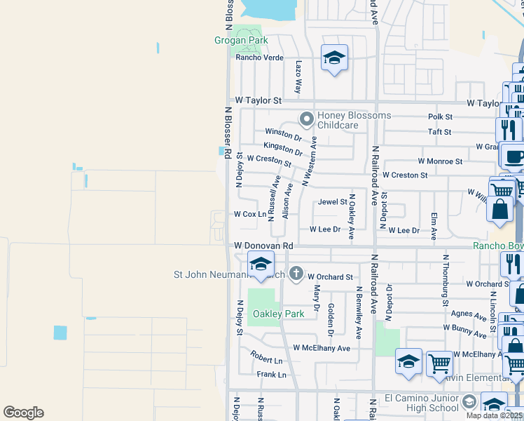 map of restaurants, bars, coffee shops, grocery stores, and more near 1648 North Dejoy Street in Santa Maria