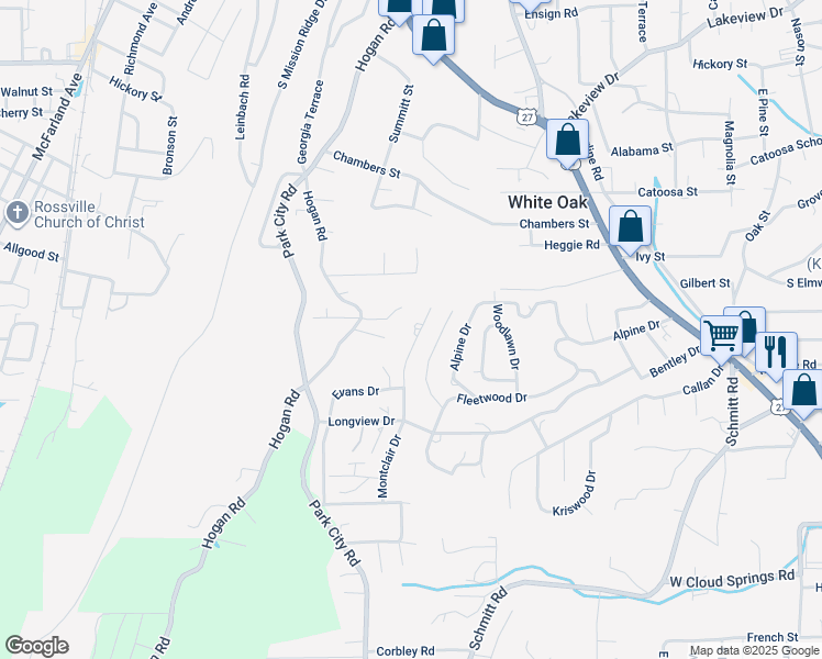 map of restaurants, bars, coffee shops, grocery stores, and more near 107 Chelsea Drive in Rossville