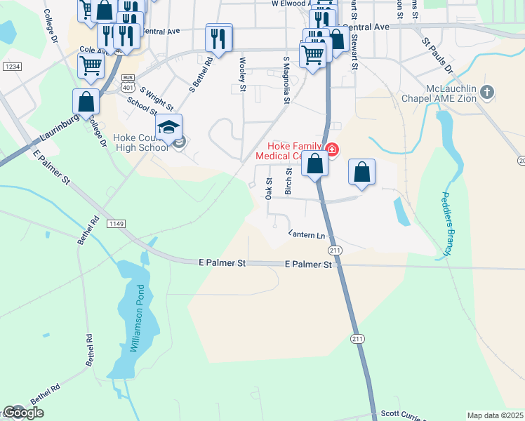 map of restaurants, bars, coffee shops, grocery stores, and more near 179 Oak Street in Raeford