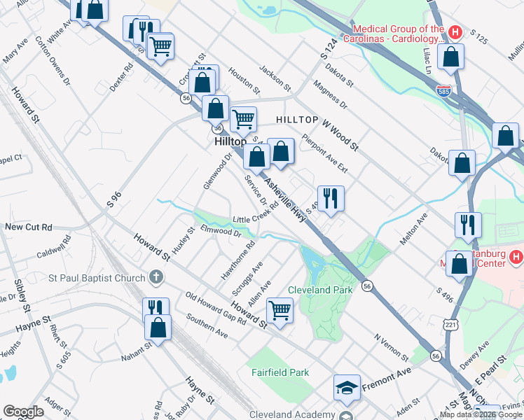 map of restaurants, bars, coffee shops, grocery stores, and more near 457 Hawthorne Road in Spartanburg