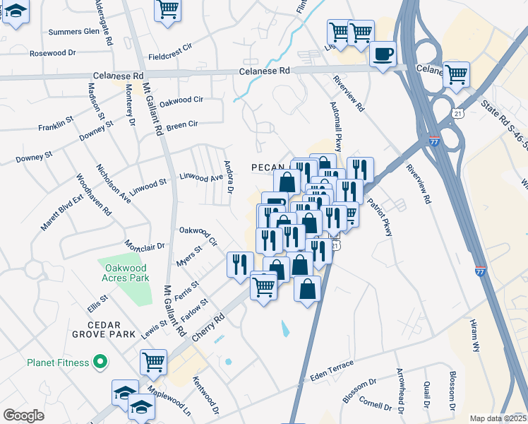 map of restaurants, bars, coffee shops, grocery stores, and more near 2340 Brookview Court in Rock Hill