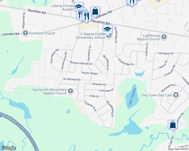 map of restaurants, bars, coffee shops, grocery stores, and more near 6211 Rustic Ridge in Hope Mills