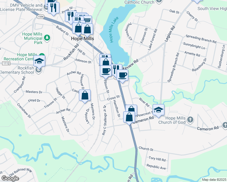 map of restaurants, bars, coffee shops, grocery stores, and more near 3808 Deberry Street in Hope Mills