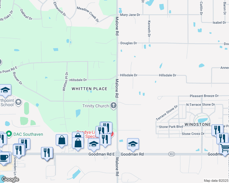 map of restaurants, bars, coffee shops, grocery stores, and more near 7479 Malone Road in Olive Branch
