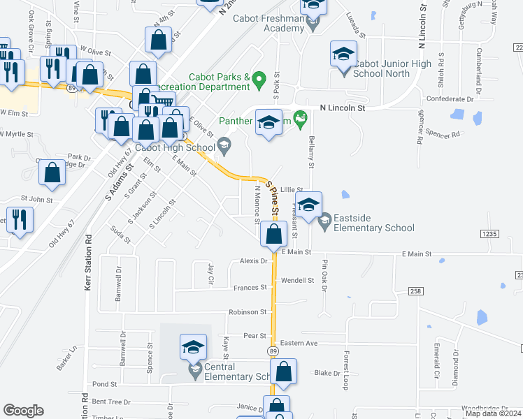 map of restaurants, bars, coffee shops, grocery stores, and more near 201 North Monroe Street in Cabot