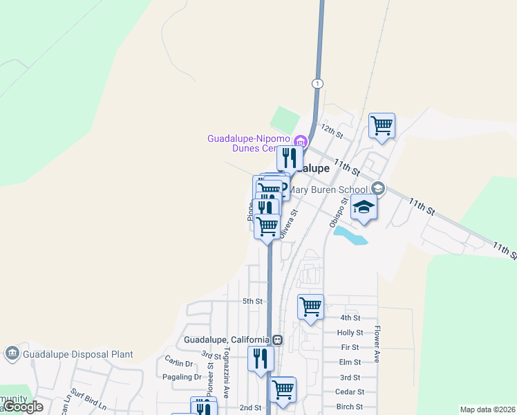 map of restaurants, bars, coffee shops, grocery stores, and more near 856 Pioneer Street in Guadalupe
