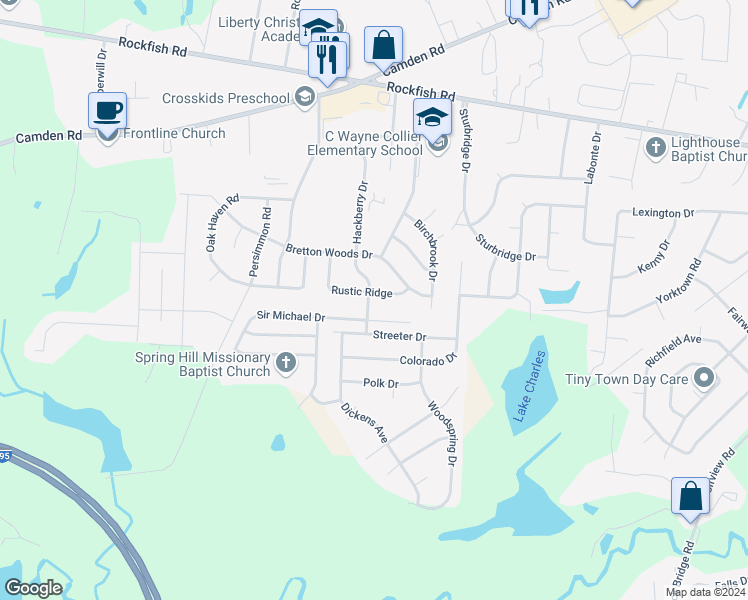map of restaurants, bars, coffee shops, grocery stores, and more near 6211 Rustic Ridge in Hope Mills