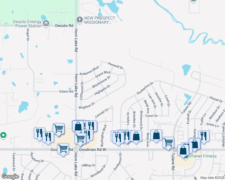 map of restaurants, bars, coffee shops, grocery stores, and more near 4214 Brighton Drive in Horn Lake