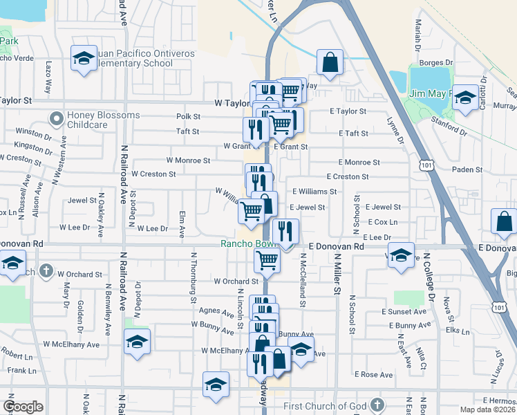 map of restaurants, bars, coffee shops, grocery stores, and more near 1647 North Broadway in Santa Maria