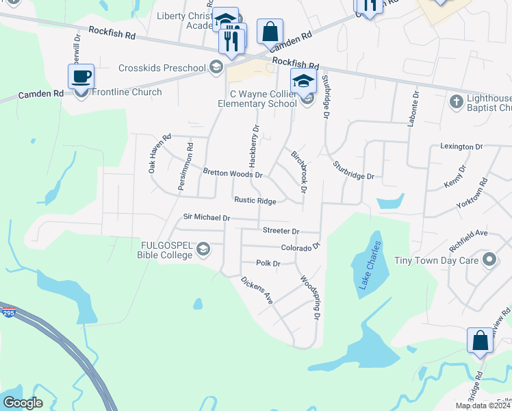 map of restaurants, bars, coffee shops, grocery stores, and more near 6301 Rustic Ridge in Hope Mills