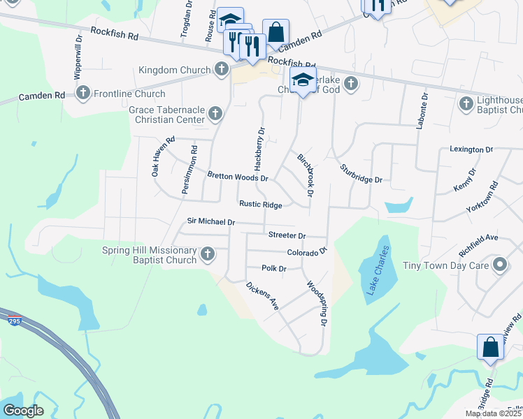 map of restaurants, bars, coffee shops, grocery stores, and more near 6301 Rustic Ridge in Hope Mills