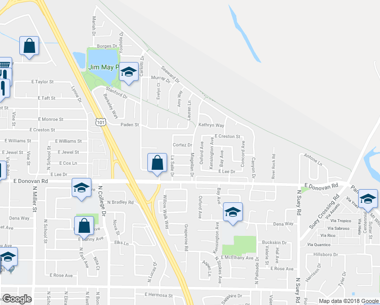 map of restaurants, bars, coffee shops, grocery stores, and more near 1063 De Soto Drive in Santa Maria