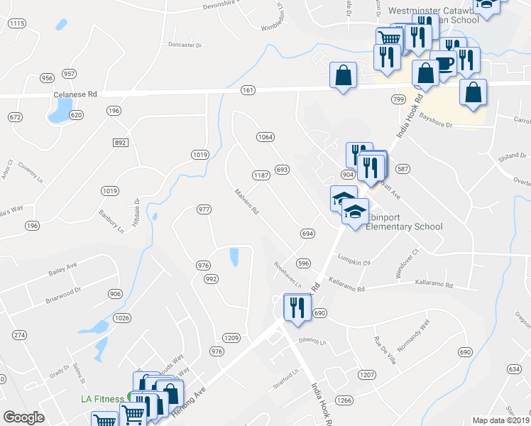 map of restaurants, bars, coffee shops, grocery stores, and more near 2066 Malvern Road in Rock Hill