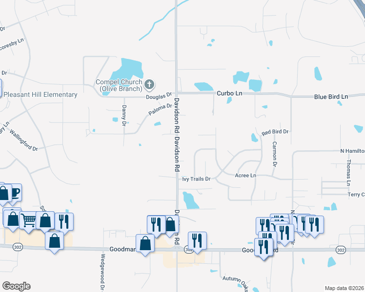 map of restaurants, bars, coffee shops, grocery stores, and more near 7480 Davidson Road in Olive Branch