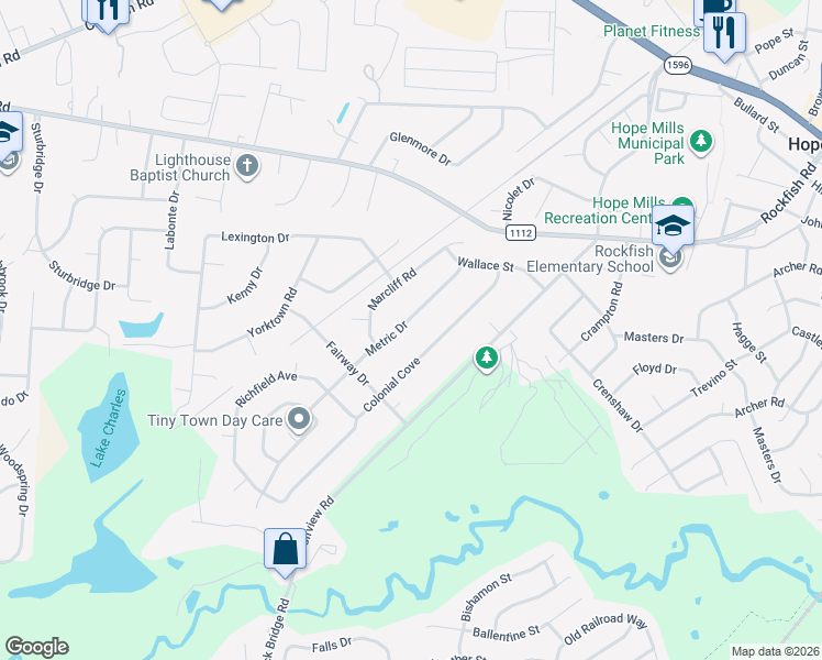 map of restaurants, bars, coffee shops, grocery stores, and more near 3669 Metric Drive in Hope Mills