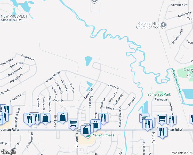 map of restaurants, bars, coffee shops, grocery stores, and more near 7469 Dunbarton Drive in Horn Lake