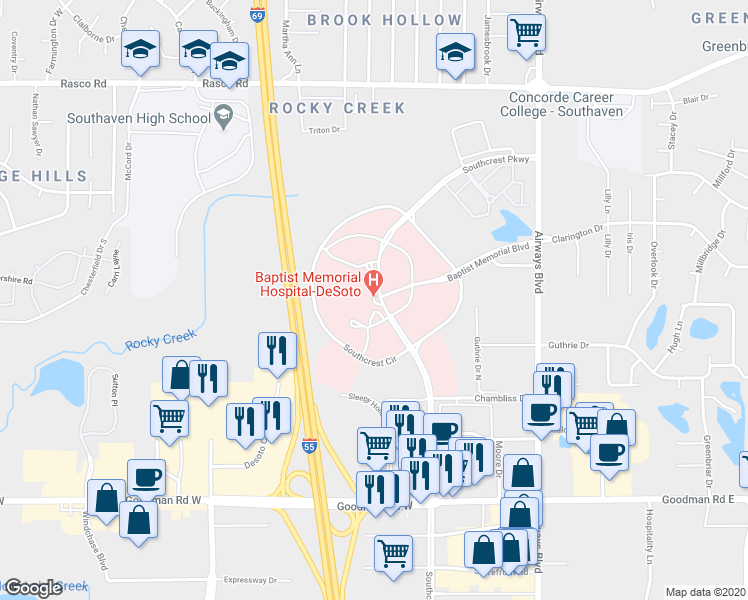 map of restaurants, bars, coffee shops, grocery stores, and more near 7601 Southcrest Parkway in Southaven