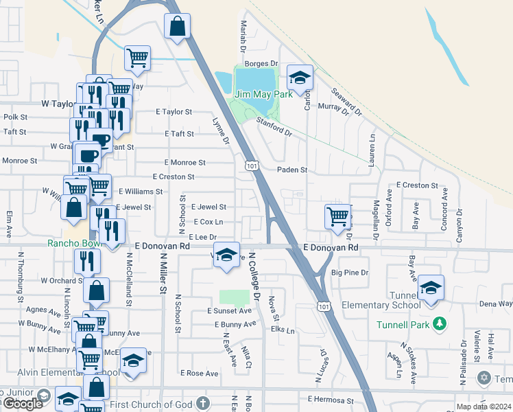 map of restaurants, bars, coffee shops, grocery stores, and more near 1700 Lynne Drive in Santa Maria
