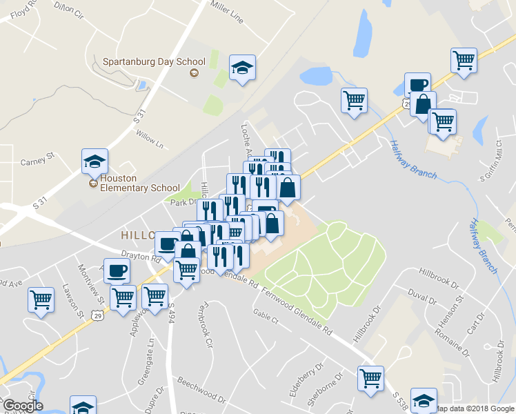 map of restaurants, bars, coffee shops, grocery stores, and more near 1937 East Main Street in Spartanburg